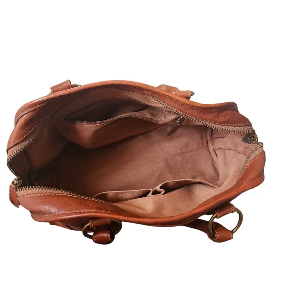 FRYE Melissa Dark Brown CognacDomed Leather Satchel Bag Double Rolled Handles - Picture 6 of 13